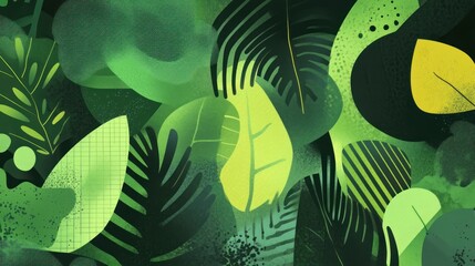 A vibrant green background with a layered effect of leaves and nature-inspired shapes, blending organic forms with modern graphic design.