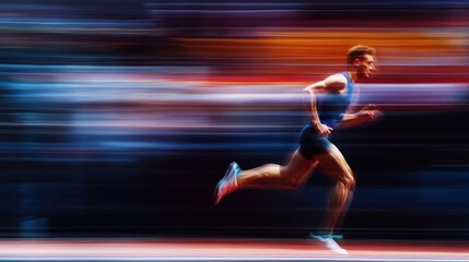 A male athlete runs with speed, creating motion blur effect on the background.