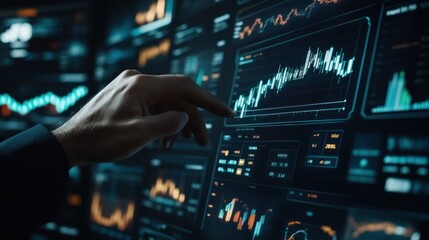 Obraz premium Hand pointing at financial data on a computer screen.