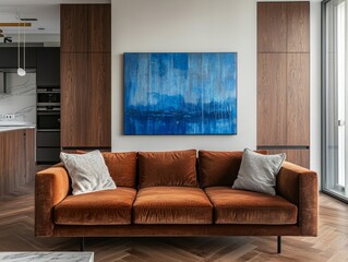 Fototapeta premium A modern cozy living space with a rusty brown sofa, blue abstract art on the wall, wooden cabinets, and parquet flooring for a naturally elegant feel