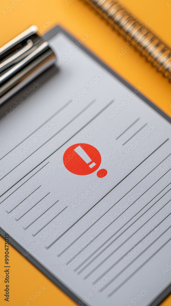 Poster macro shot of red exclamation mark on checklist, symbolizing urgency and importance. image captures 