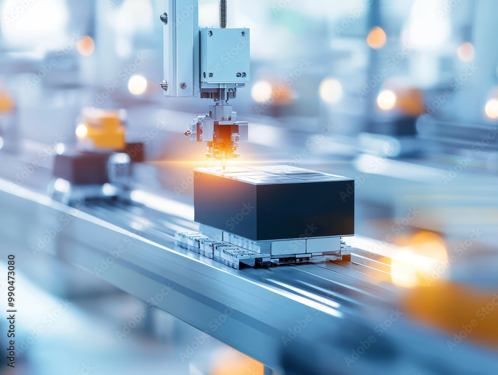 Poster a mechanical assembly line in motion showcases robotic arm precisely placing black box on conveyor b