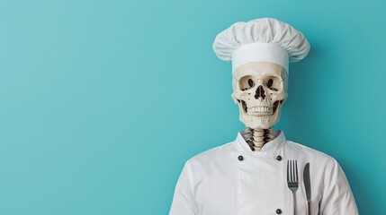 Skeleton Chef in White Uniform on Blue Background