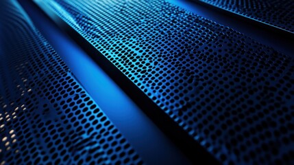 Glowing blue lines cutting across a dark blue steel mesh surface, with space for text or design elements. The metallic texture contrasts with the vibrant light.
