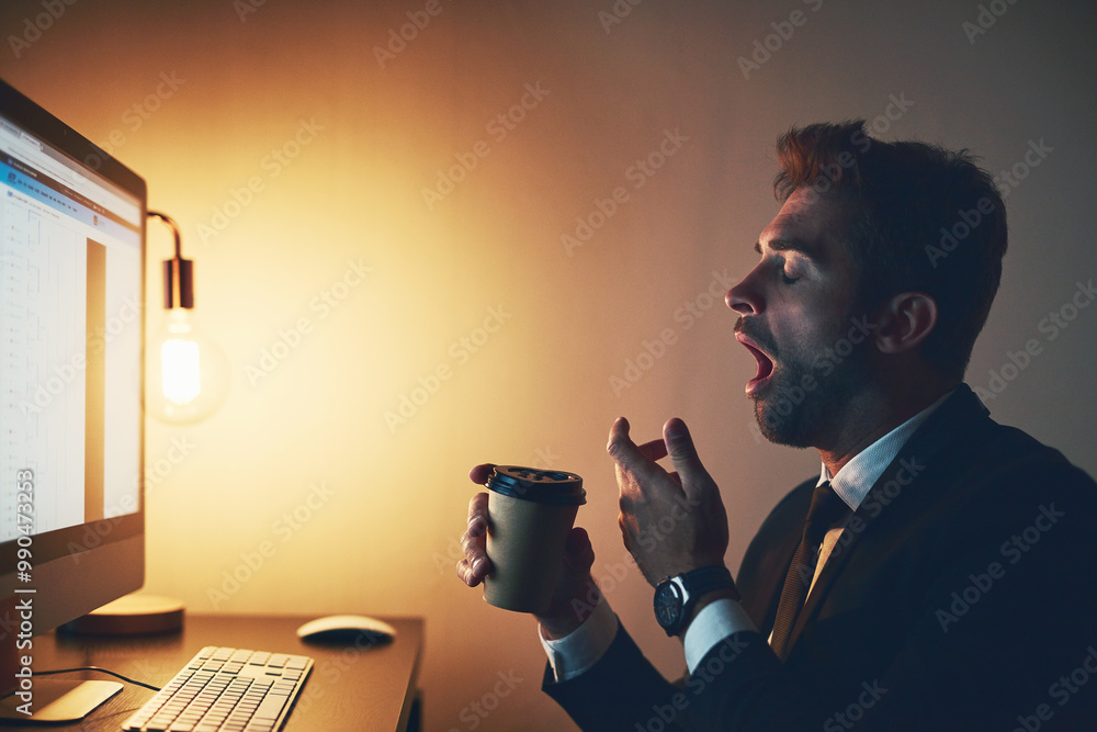 Poster Business, man and yawn with coffee in office at night with computer for trading deadline and burnout of overtime. Professional, broker and tired at desk with caffeine drink for fatigue and exhausted