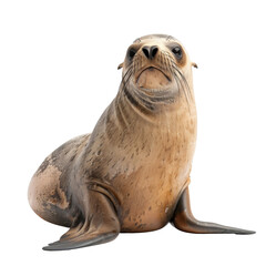 A seal is standing on its hind legs and looking at the camera
