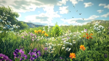Obraz premium Wild meadow with diverse flora and fauna, illustrating biodiversity, hyper real