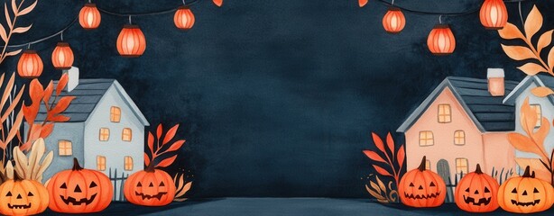 A charming Halloween scene featuring houses, pumpkins, and lanterns, perfect for autumn-themed decor or celebrations.