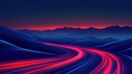 A winding road through a mountain valley at night with pink and red lights.