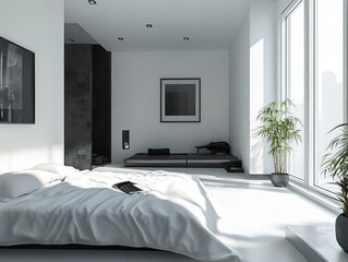 Fototapeta premium A modern, minimalist apartment with a bright white bedroom and a dark cozy living room, open layout allowing sunlight to beautifully illuminate the space