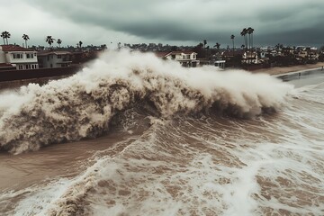 An aerial view of a powerful tsunami wave crashing onto a beach