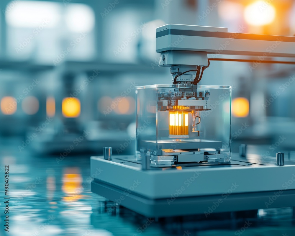 Poster a robotic arm inspects a glowing circuit board in a factory setting. the image depicts automated pro
