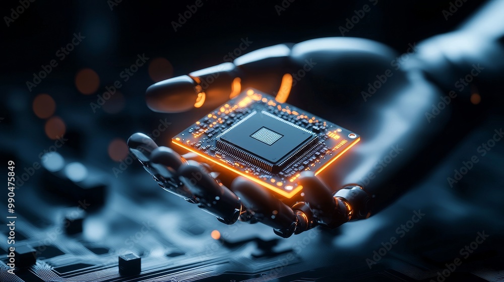 Poster a robotic hand delicately holds a glowing microprocessor, symbolizing the future of technology and a