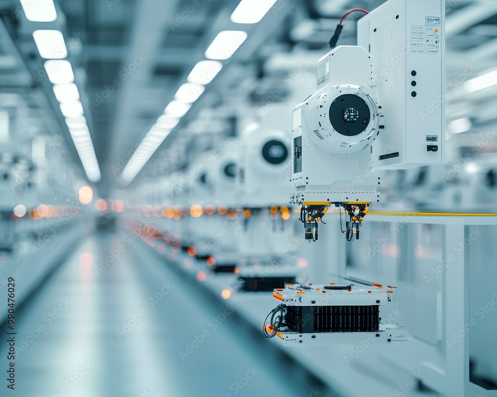 Poster a row of automated machinery in a modern factory setting