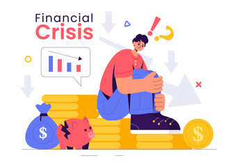 Financial Crisis Vector Illustration of Bankruptcy, Economic Collapse, and Cost Reduction with a Down Arrow in a Flat Style Cartoon Background