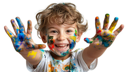 A young child is holding up his hands and smiling