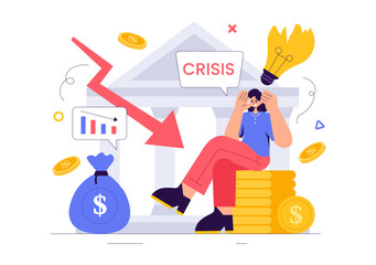 Financial Crisis Vector Illustration of Bankruptcy, Economic Collapse, and Cost Reduction with a Down Arrow in a Flat Style Cartoon Background