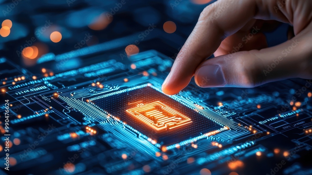 Aufkleber hand pressing a glowing microprocessor on a circuit board, showcasing modern technology and innovati