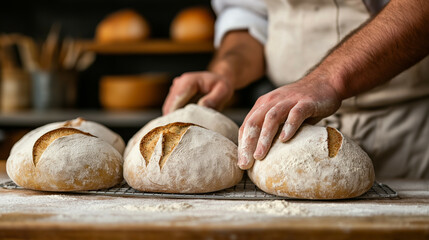 Baker's hands kneading dough on a floured surface, with fresh loaves cooling on a rack in a warm kitchen 