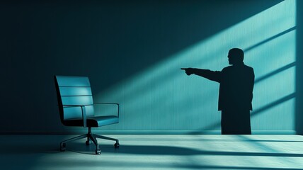 A dramatic scene featuring a shadow of a person pointing at an office chair, creating a compelling narrative of authority and decision.