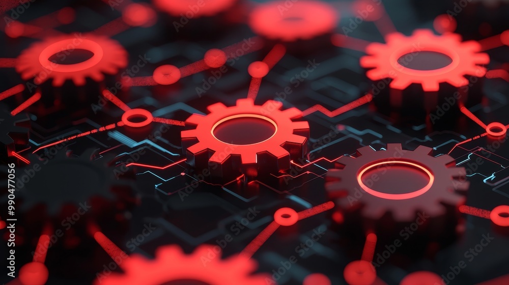 Poster red gears on a dark circuit board, representing technology and automation.