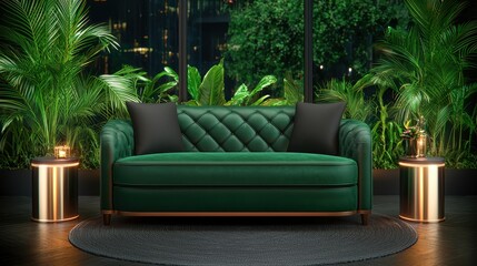 Fototapeta premium Luxurious green sofa in a modern setting, surrounded by vibrant plants. Ideal for interior design and home decor inspiration.