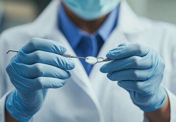 Close-up of Dentist Holding Dental Tools in Blue Gloves