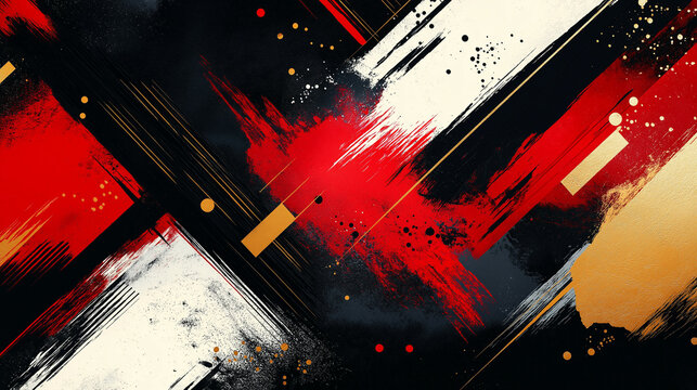 Black Friday abstract background with dynamic red, black, and gold brushstrokes, and bold geometric shapes, creating a sense of urgency 