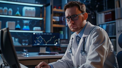 Dedicated scientist wearing his uniform, comfortably seated in his workspace, illustrating the blend of curiosity and expertise essential for scientific progress