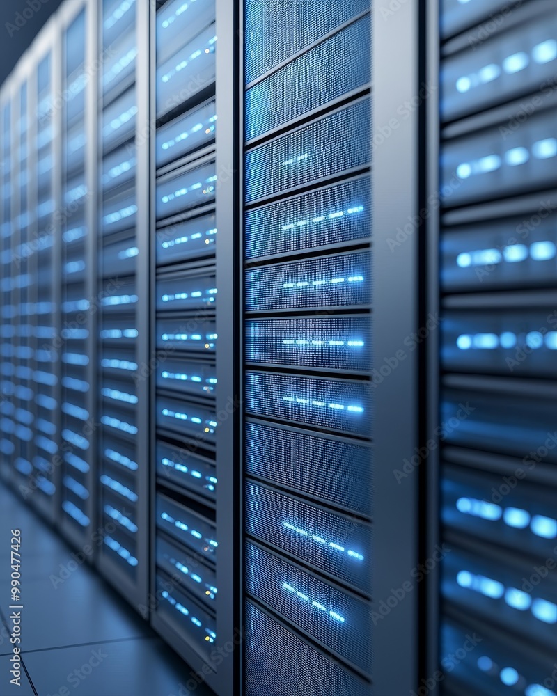 Poster rows of server racks in a data center with blue lights illuminating the equipment.