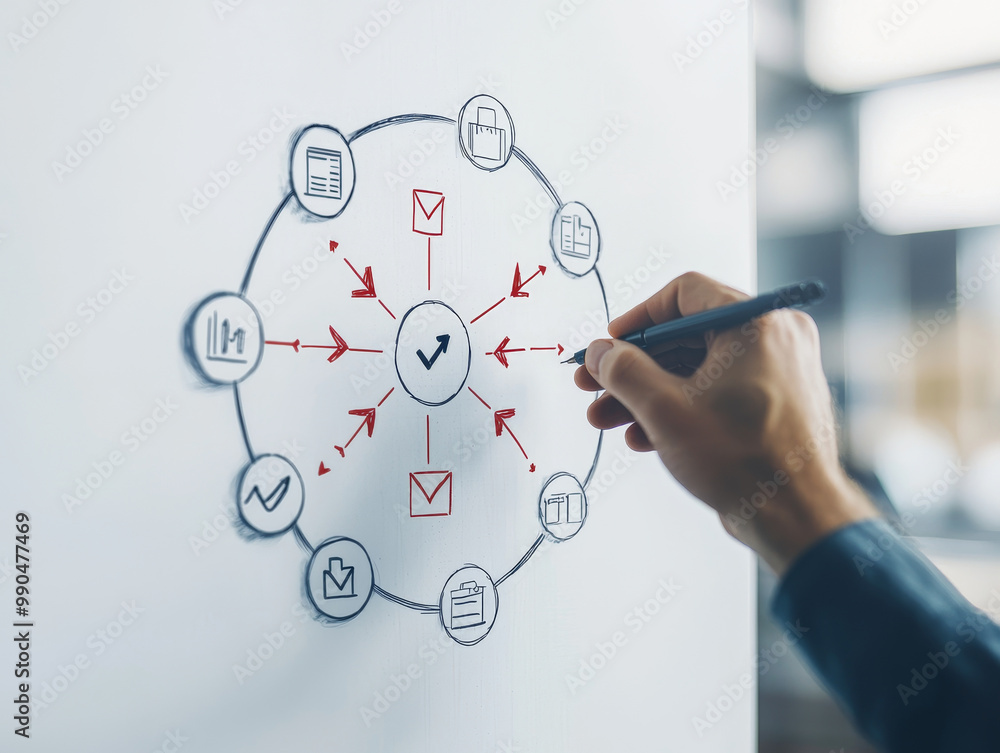 Poster a hand is drawing circular flowchart on whiteboard, illustrating various elements connected by arrow