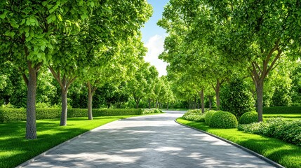 Scenic tree-lined pathway through lush green foliage under a clear blue sky.