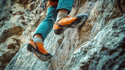 Close-up of a climber's feet on a rocky cliff face.