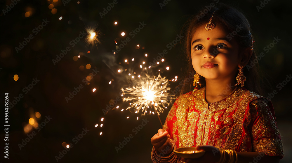 Poster child in traditional indian attire holding a sparkling firecracker illuminating the dark night with 