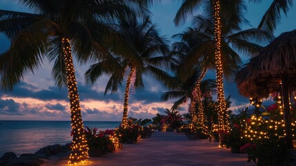 Tropical Island Outdoor Beautiful Location at Dusk with Christmas Decorations