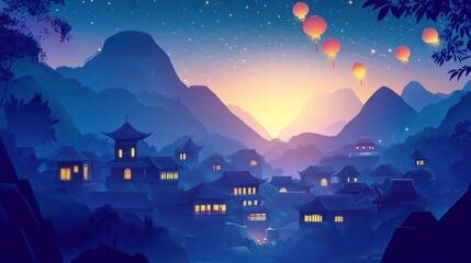 Fototapeta premium Silhouette of a village nestled among mountains, with red lanterns floating in the sky.
