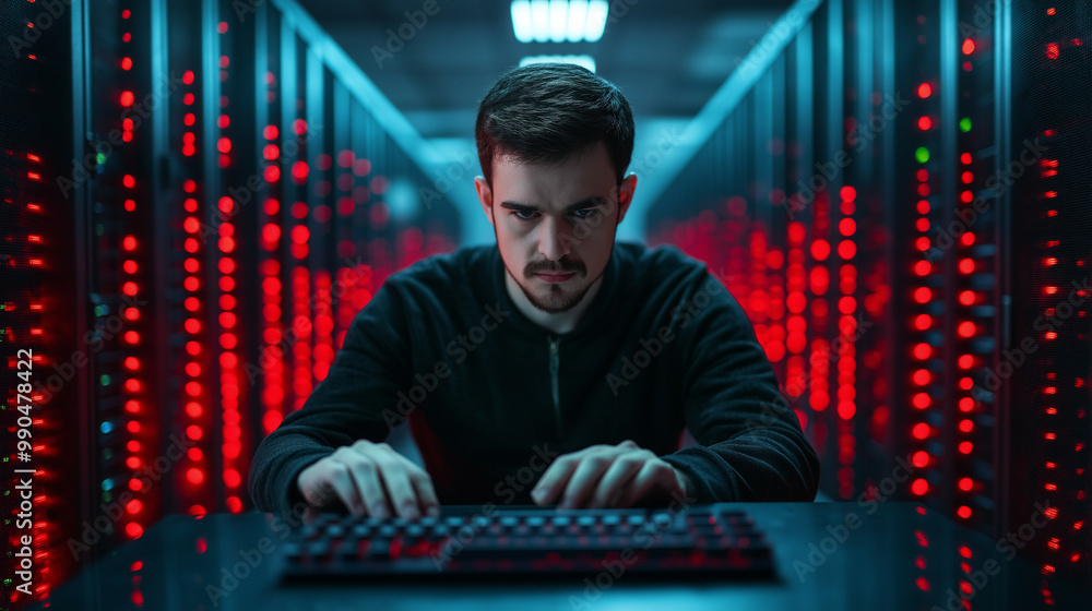 Poster computer operator in a data center, surrounded by servers, cooling fans, and blinking lights, typing
