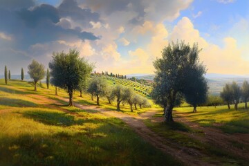 Fototapeta premium Serene Olive Grove at Sunset in Tuscany: A Scenic Italian Landscape - Italian Agricultural Field with Olive trees