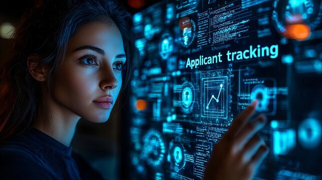 A focused woman engages with an advanced digital interface displaying applicant tracking software features, reflecting modern recruitment technology.