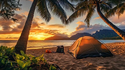 A tent set up on the beach under palm trees during sunset, with a tropical ocean and mountains in the background