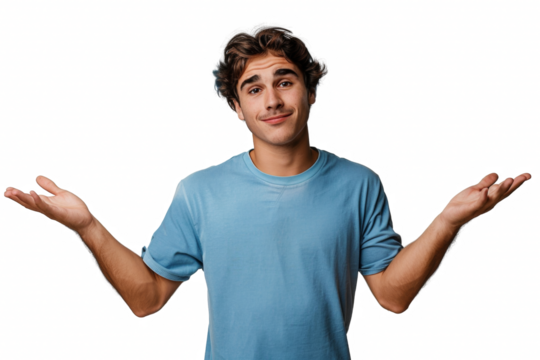 A man in a blue shirt is looking at the camera with his hands raised in a questi