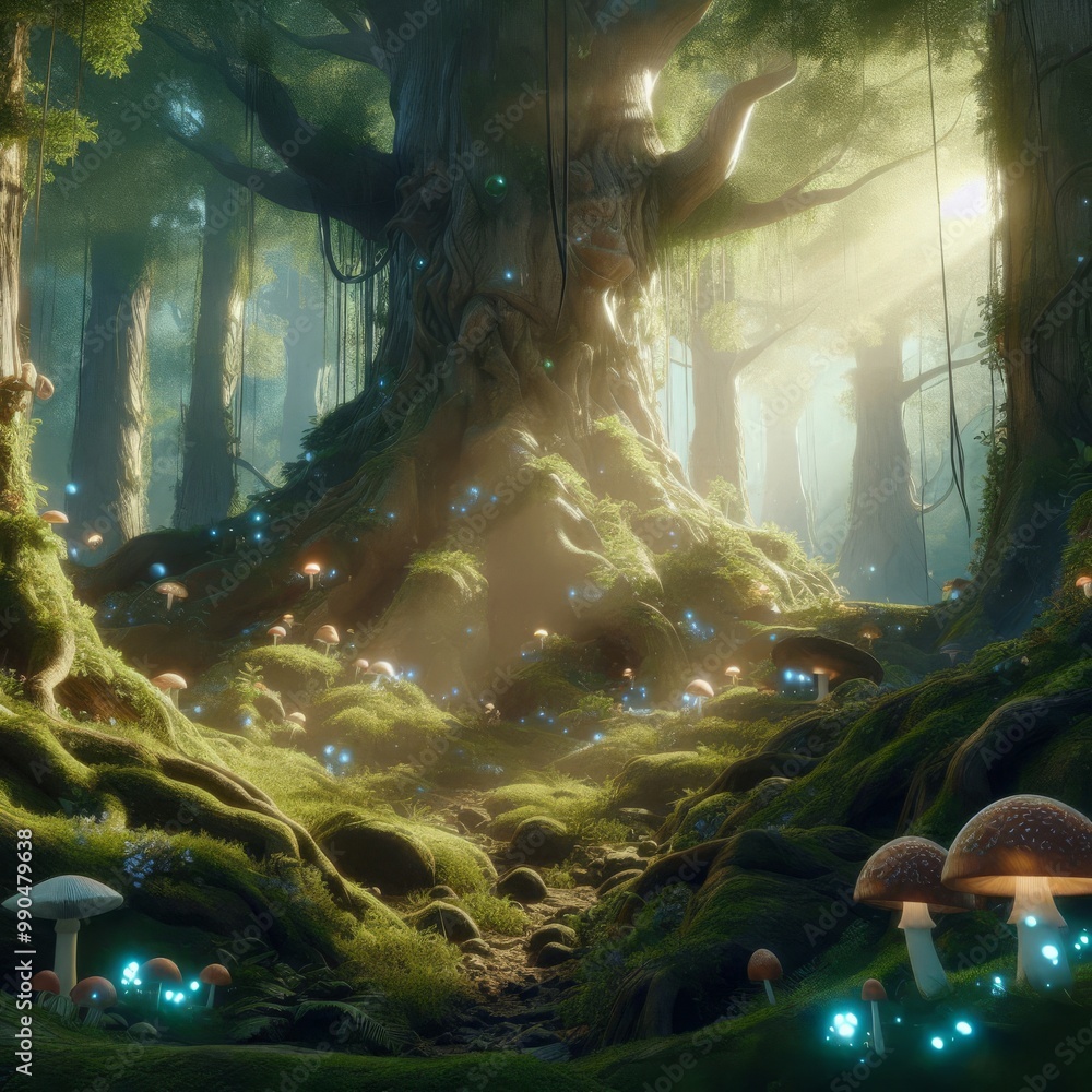 Poster a mystical forest illuminated by glowing mushrooms surrounds an ancient, massive tree. sunbeams pier