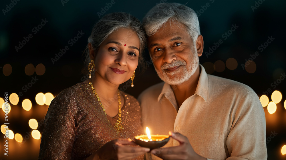 Wall mural Elderly couple sharing a quiet Diwali moment, lighting a diya together with a backdrop of soft glowing lights 