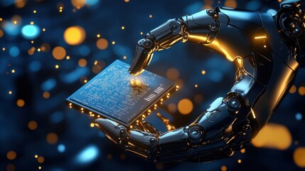 A robot is holding a computer chip in its hand
