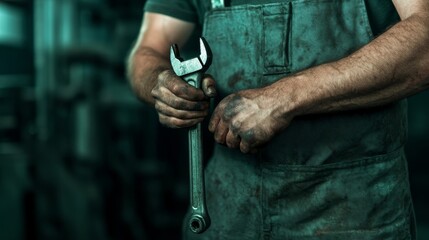 Factory worker&rsquo;s hands gripping a wrench with oil stains and metal machinery in the background, dim lighting 