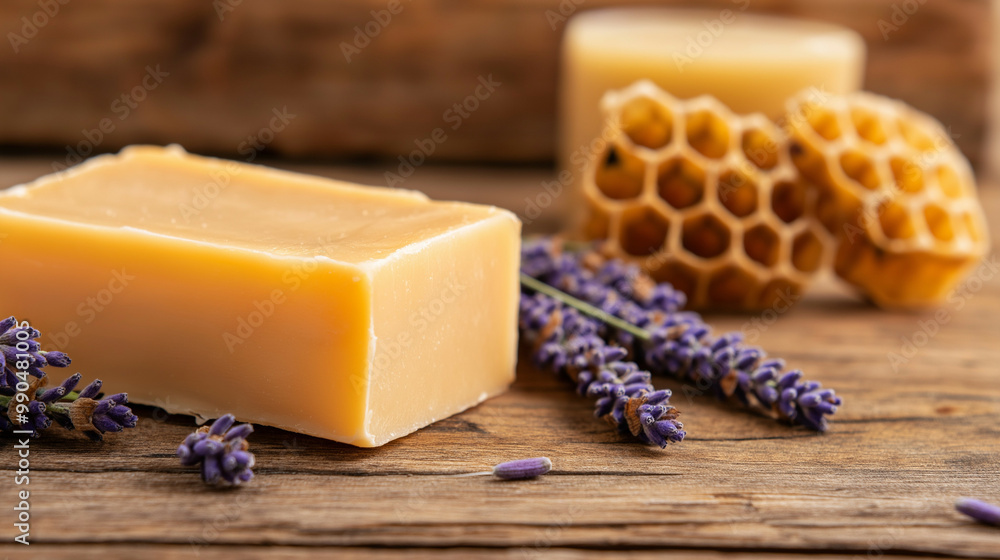 Poster handmade soap and candles displayed on a wooden table with natural elements like dried lavender and 