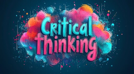 A vibrant, abstract artwork featuring the phrase 'Critical thinking' in large, bold, colorful letters, representing the concept of analyzing and evaluating information.