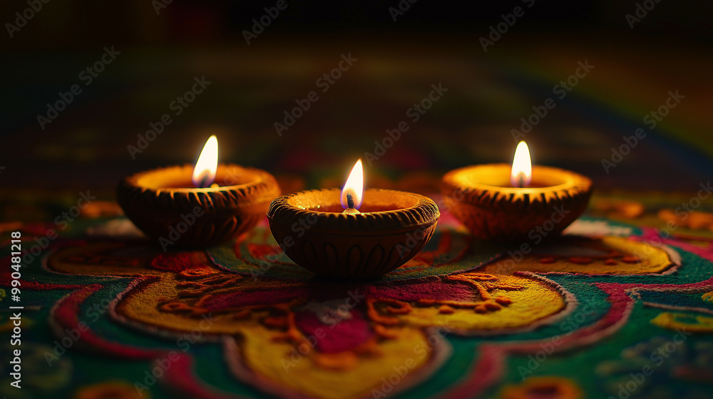 Wall mural Illuminated clay diya lamps glowing against a vibrant rangoli design backdrop capturing the spirit of Diwali celebration 