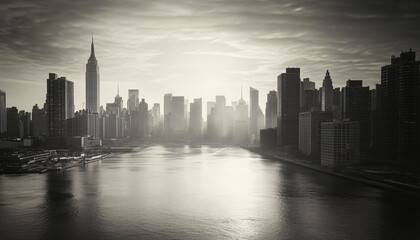 Obraz premium A black-and-white photo of a famous city skyline or iconic landmark, evoking a timeless, classic look