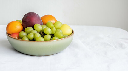 Imperfect ceramic bowl with a chipped edge and irregular glaze, filled with fresh fruits on a white tablecloth 